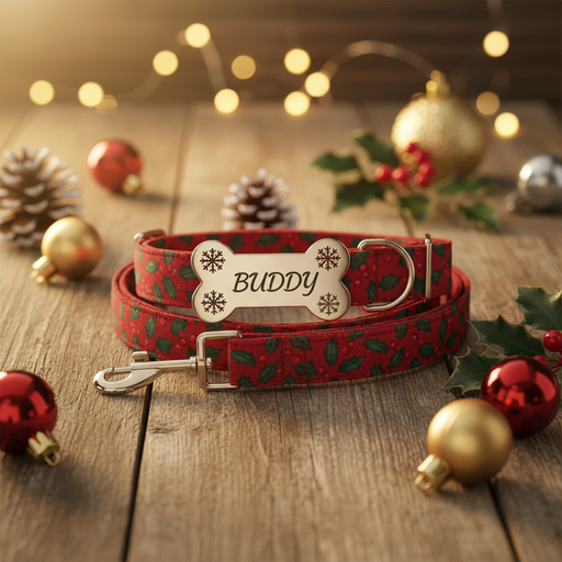 Spoiled Brat HollyTag christmas holiday personalized dog collar and leash set