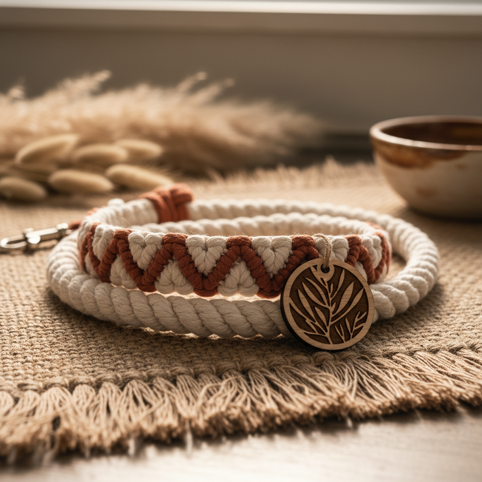 Spoiled Brat BohoTag boho rope macrame personalized wooden name dog collar and leash set