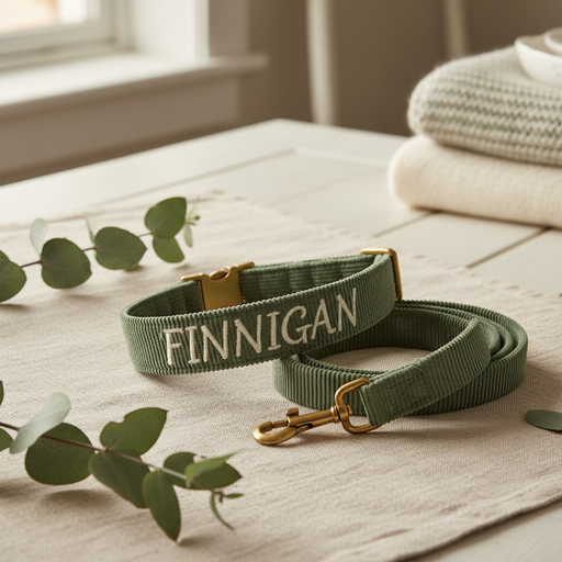 Spoiled Brat CorduroyTag soft corduroy personalized dog collar and leash set in sage green