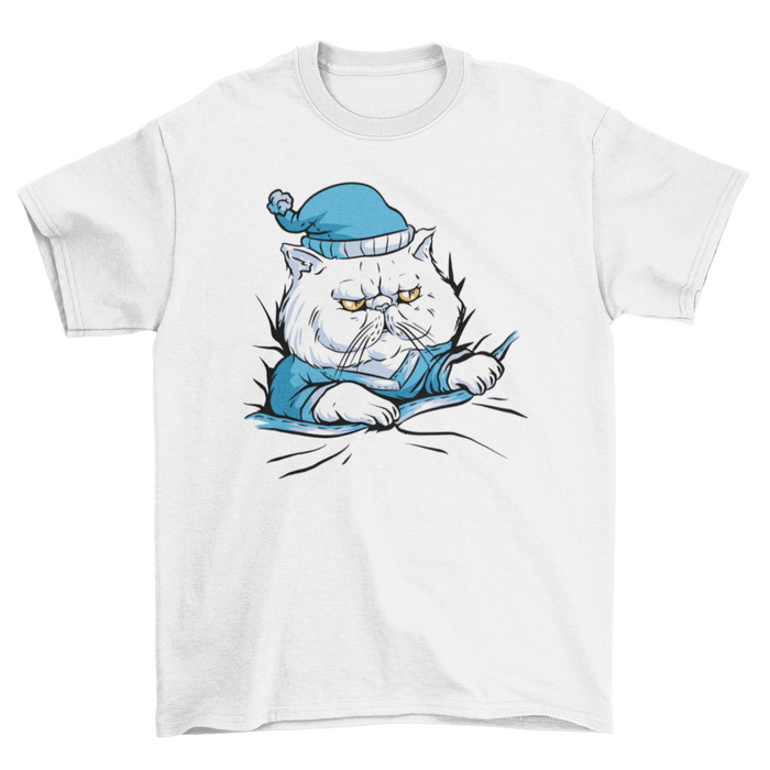 Sleepy cat in pajamas t-shirt